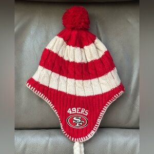 EUC San Francisco 49ers Red & White Striped Pom Earflap Knit Womens Beanie